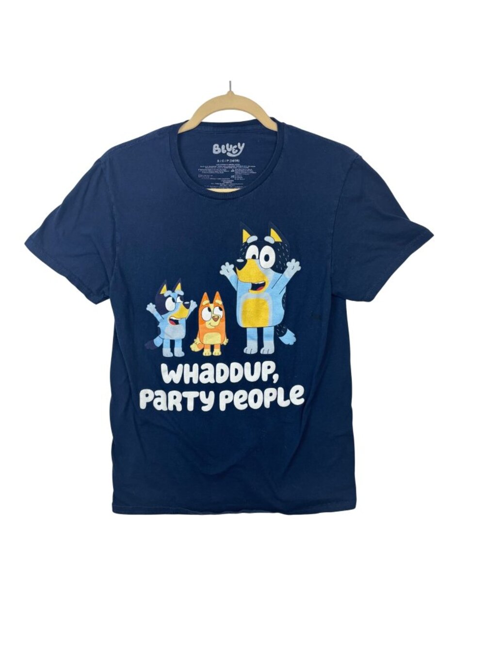 ✨3/$30 Bluey Women's S Whaddup Party People Graphic Tee Crew Neck Navy